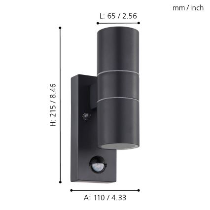 Eglo 79545- LED Ulkovalo anturilla ARAPONGAS 2xGU10/2,8W/230V IP44 musta