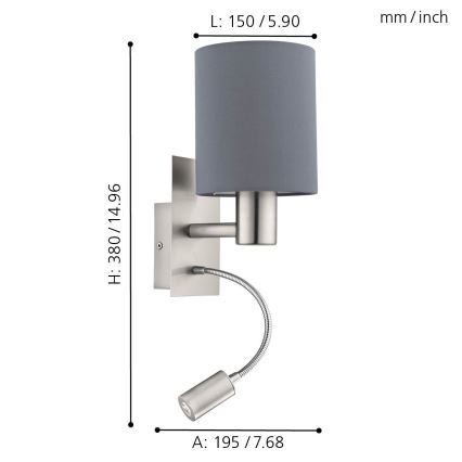 Eglo 96479 - LED-seinävalaisin PASTERI 1xE27/40W+LED/3,8W harmaa