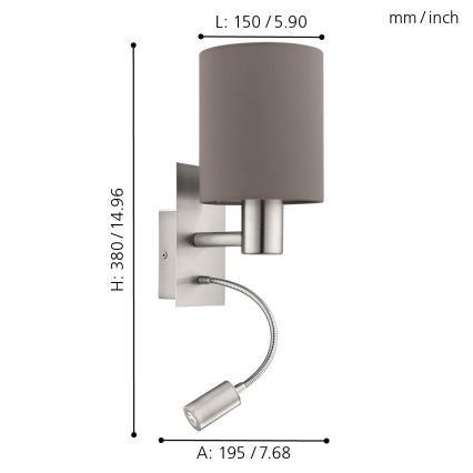 Eglo 96481 - LED-seinävalaisin PASTERI 1xE27/40W+LED/3,8W harmaa
