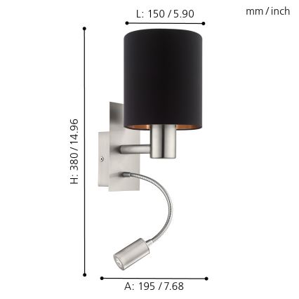 Eglo 96483 - LED-seinävalaisin PASTERI 1xE27/40W+LED/3,8W musta