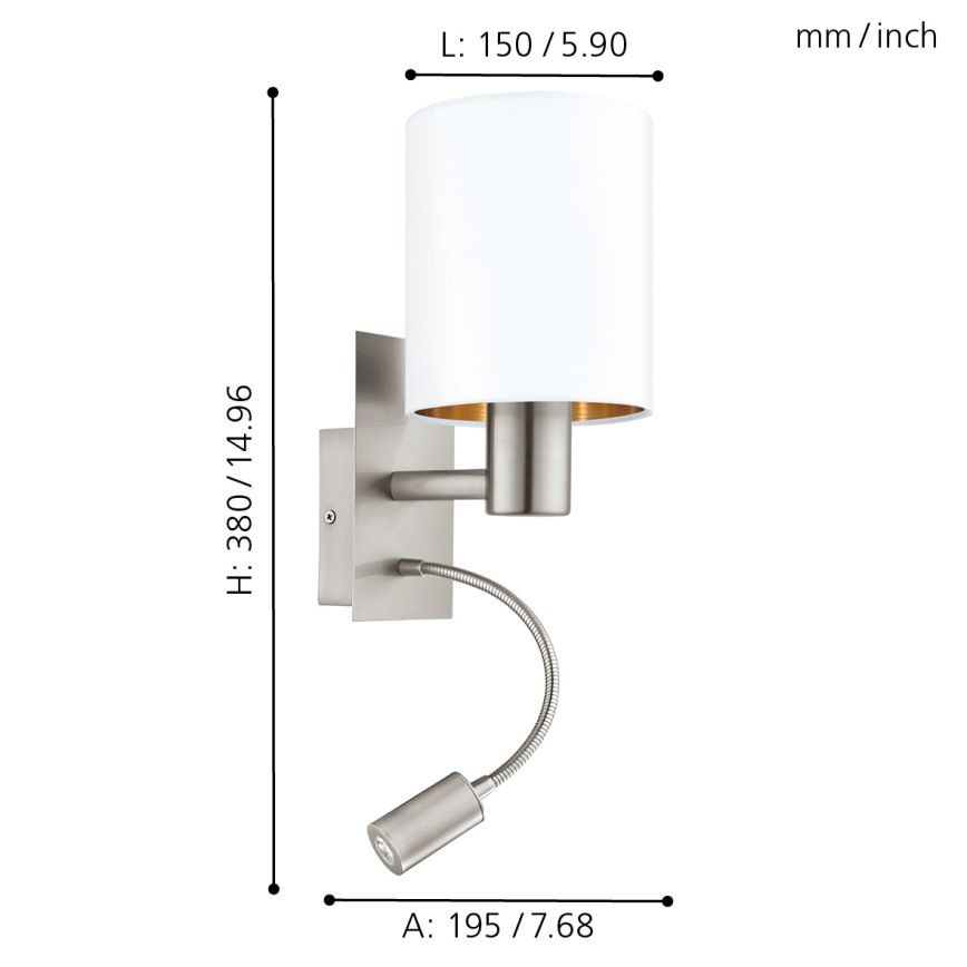 Eglo 96484 - LED-seinävalaisin PASTERI 1xE27/40W+LED/3,8W valkoinen