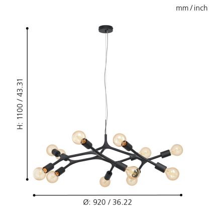Eglo 98347 - Kattokruunu narulla BOCADELLA 12xE27/60W/230V