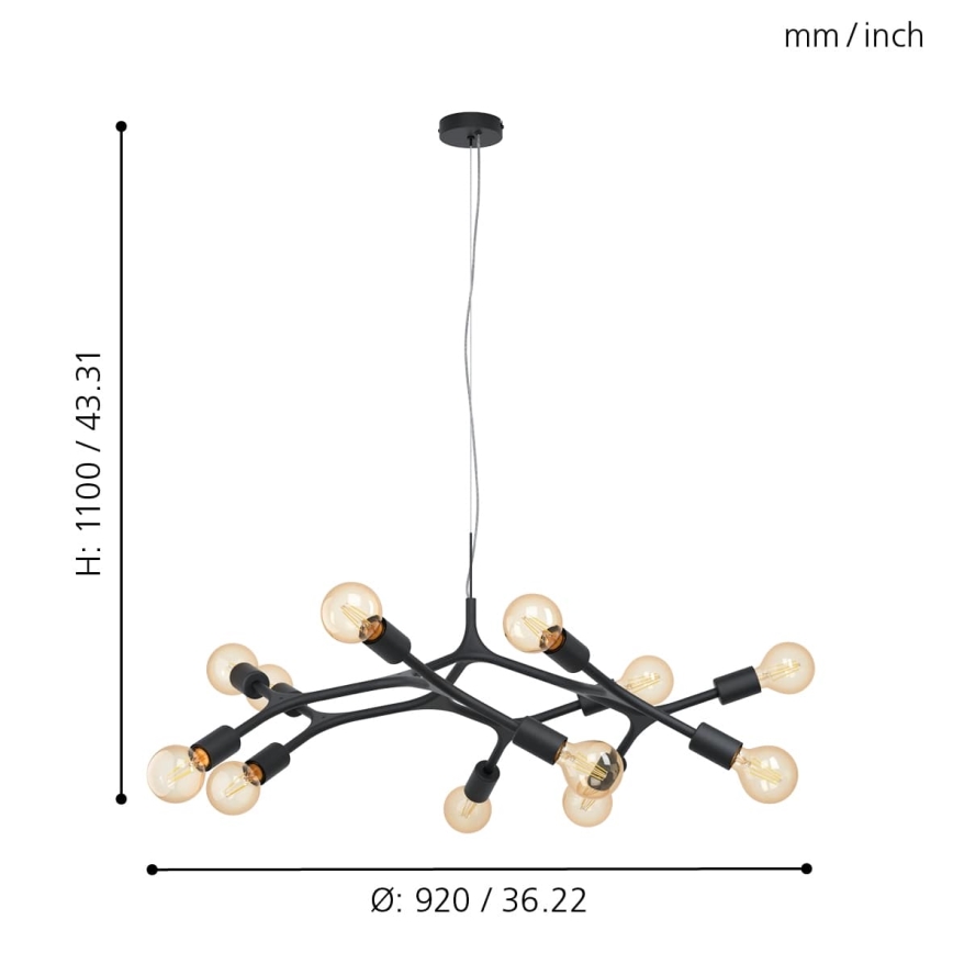 Eglo 98347 - Kattokruunu narulla BOCADELLA 12xE27/60W/230V