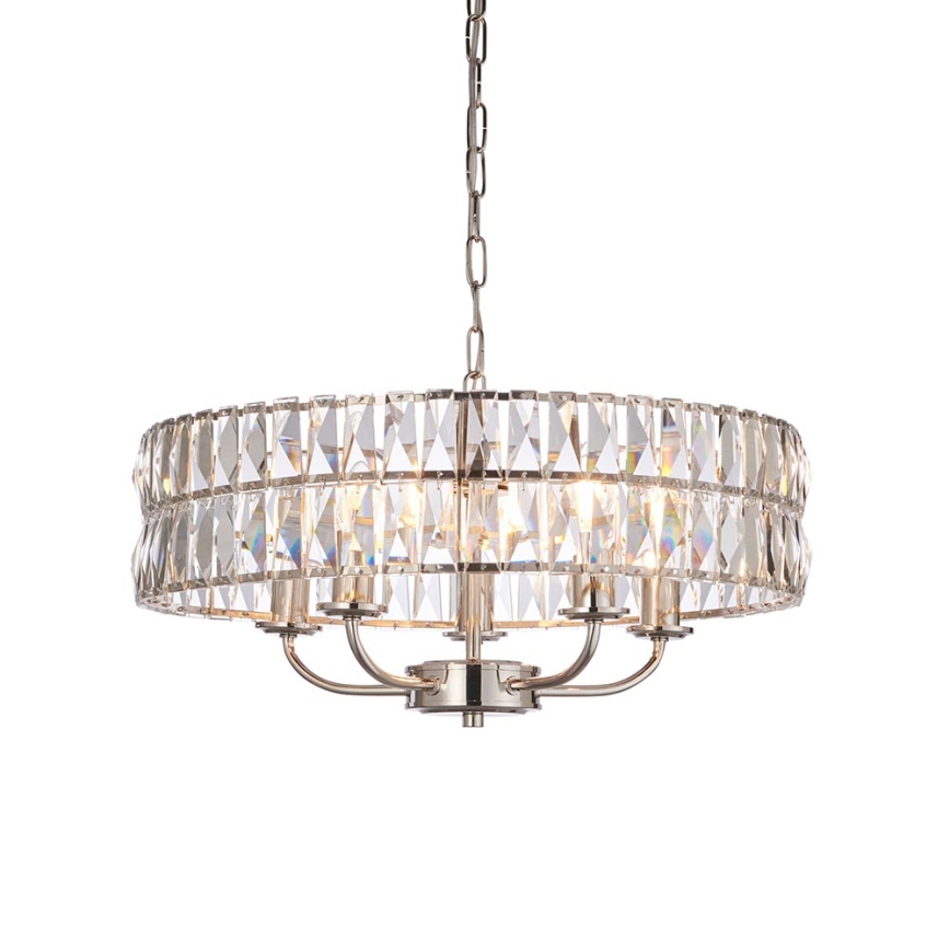 Endon 104467 - Kattokruunu ketjussa CLIFTON 5xE14/6W/230V kiiltävä kromi/läpinäkyvä halkaisija 50,5 cm