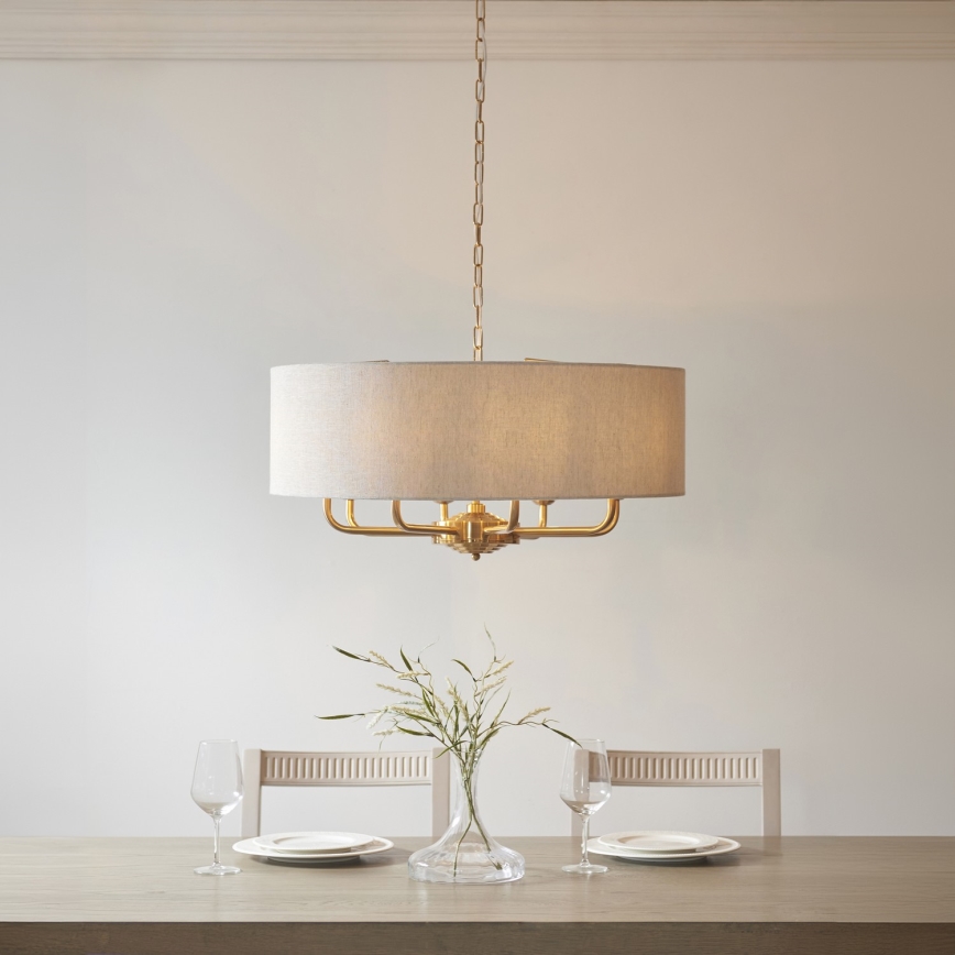 Endon 110727 - HIGHCLERE-kattokruunu ketjulla 8xE14/40W/230V beige/messinki, halkaisija 70 cm