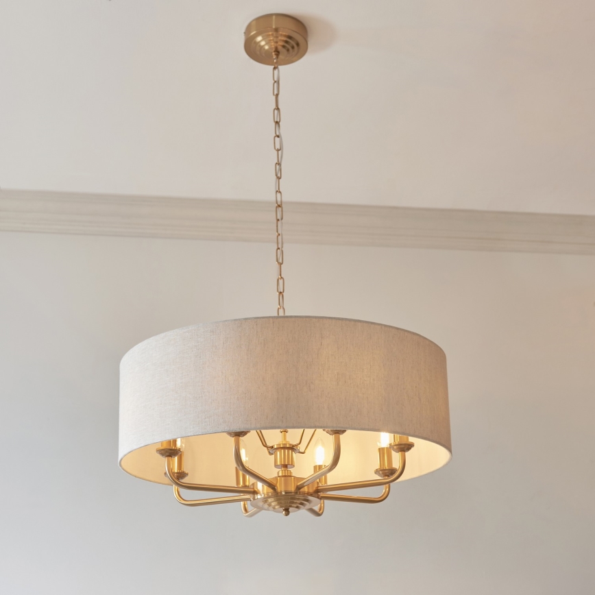 Endon 110727 - Ketjulla roikkuva kattokruunu HIGHCLERE 8xE14/6W/230V beige/messinki halkaisija 70 cm