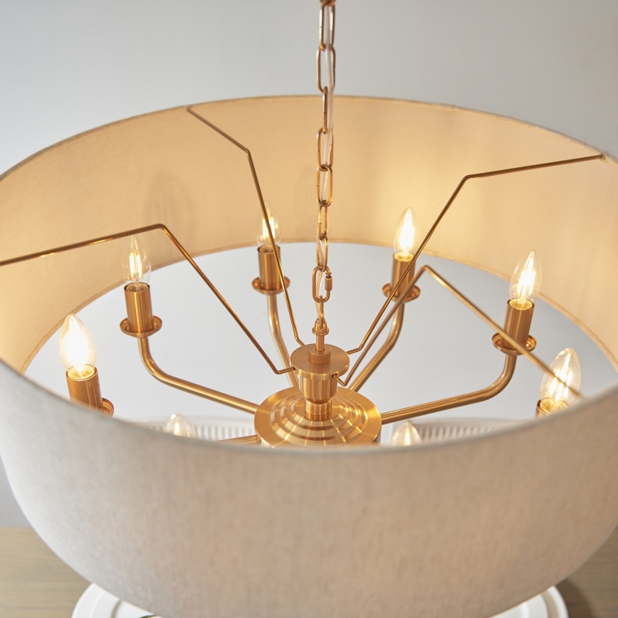 Endon 110727 - Ketjulla roikkuva kattokruunu HIGHCLERE 8xE14/6W/230V beige/messinki halkaisija 70 cm