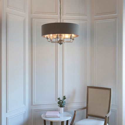 Endon 94415 - Kattokruunu ketjussa HIGHCLERE 8xE14/40W/230V harmaa/kiiltävä kromi halkaisija 70 cm