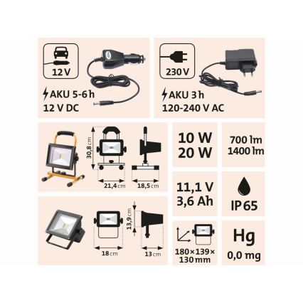 Extol - LED ladattava valonheitin LED/20W/3600 mAh/11,1V IP65