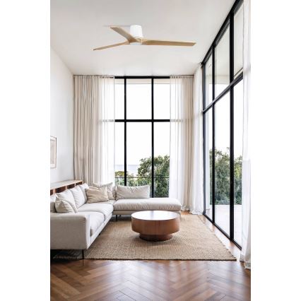 FARO 33838WT - Kattotuuletin HEYWOOD TUB L mänty/valkoinen halkaisija 132 cm Wi-Fi Tuya + kauko-ohjaus