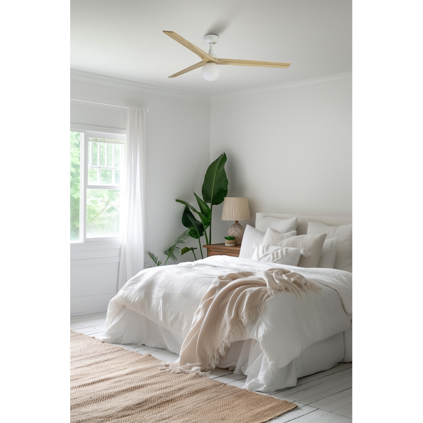FARO 34279-11L - Kattotuuletin KLIM L 1xE27/15W/230V puu/valkoinen halkaisija 150 cm + kauko-ohjaus