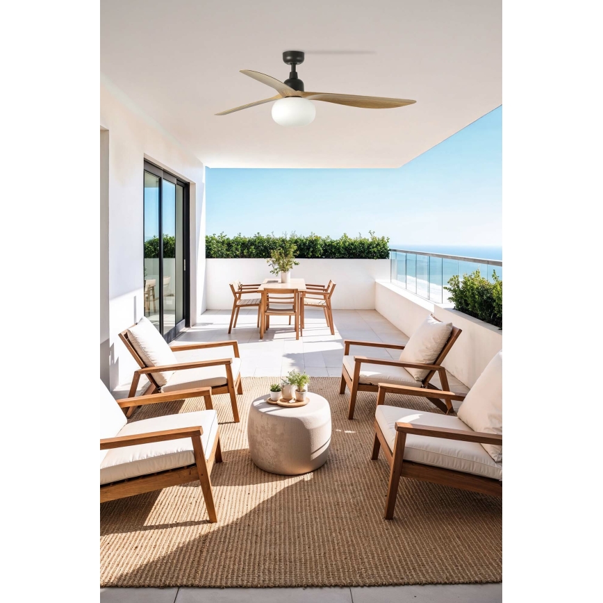 FARO 34360WT-11L - Kattotuuletin OUTWOOD L 1xE27/15W/230V ruskea/musta halkaisija 150 cm Wi-Fi Tuya IP44 + kauko-ohjaus