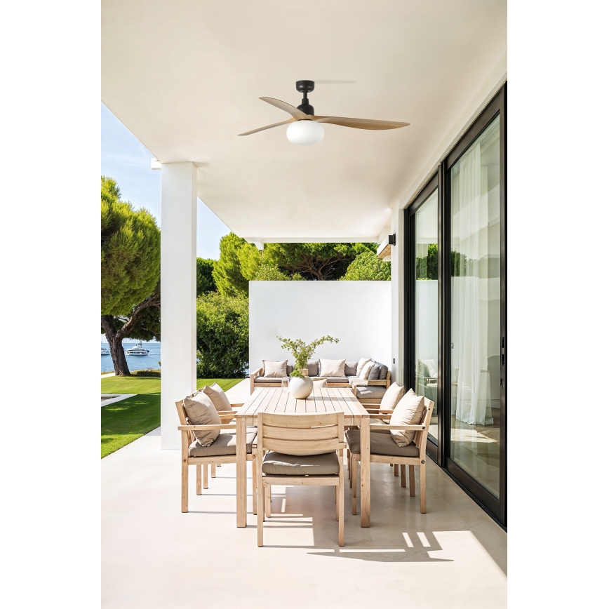 FARO 34360WT-11L - Kattotuuletin OUTWOOD L 1xE27/15W/230V ruskea/musta halkaisija 150 cm Wi-Fi Tuya IP44 + kauko-ohjaus