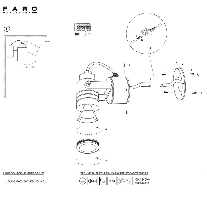 FARO 70260 - Ulkoseinävalaisin LIT 1xGU10/8W/230V IP54