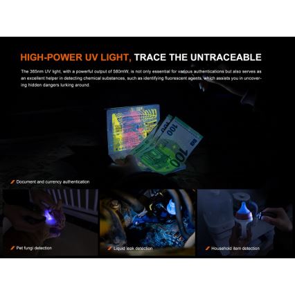 Fenix E06RGRY - LED Himmennettävä ladattava taskulamppu UV LED/USB IP66 700 kiiltävä 60 h harmaa