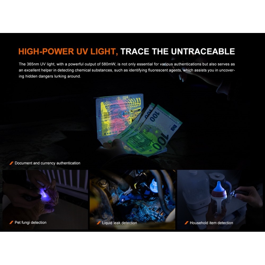 Fenix E06RTKS - LED Himmennettävä ladattava taskulamppu UV LED/USB IP66 700 lm 60 h 750 mAh turkoosi