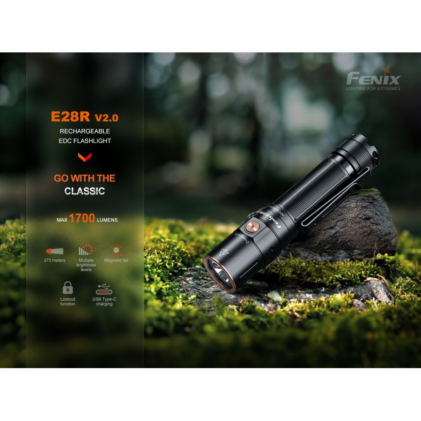 Fenix E28RV20 - LED Himmennettävä rechargeable flashlight LED/USB IP68 1700 lm 260 h