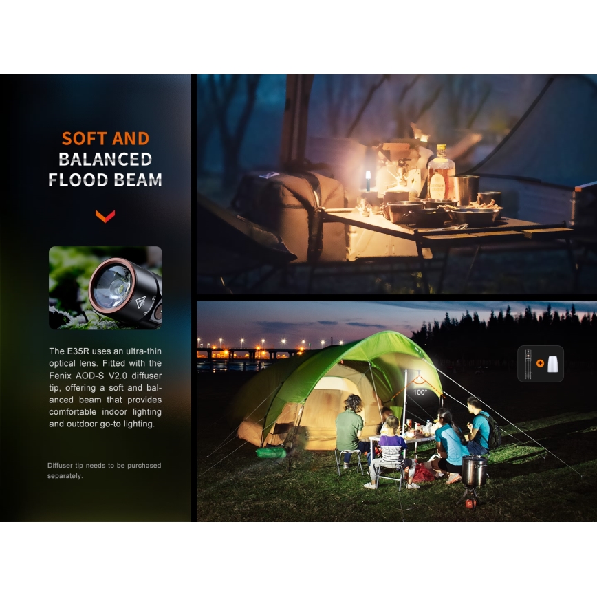 Fenix E35RSETAODS - LED Himmennettävä rechargeable flashlight LED/USB IP68 3100 lm 69 h + diffuser 26,5mm