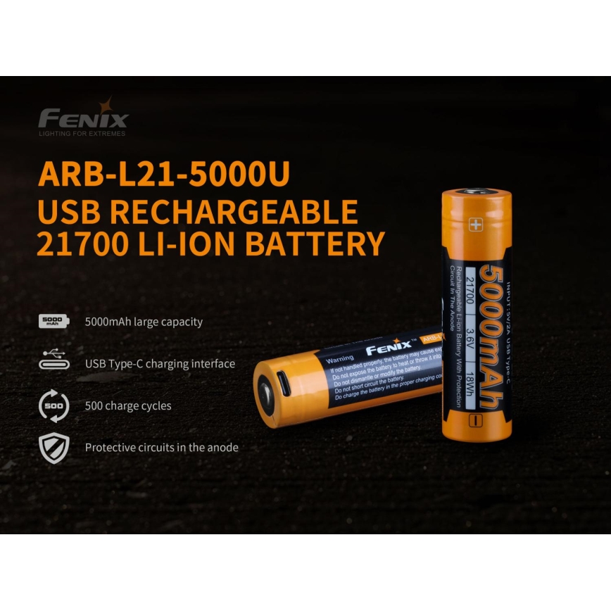 Fenix FE21700USB - 1kpl ladattava patteri USB/3,6V 5000 mAh