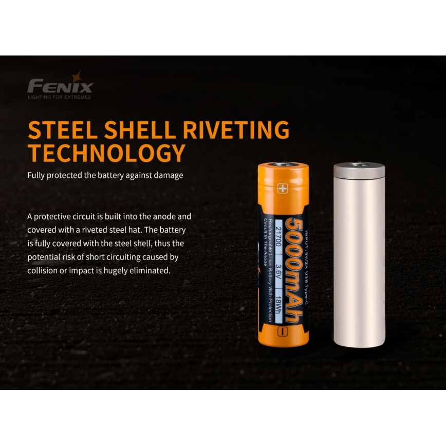 Fenix FE21700USB - 1kpl ladattava patteri USB/3,6V 5000 mAh