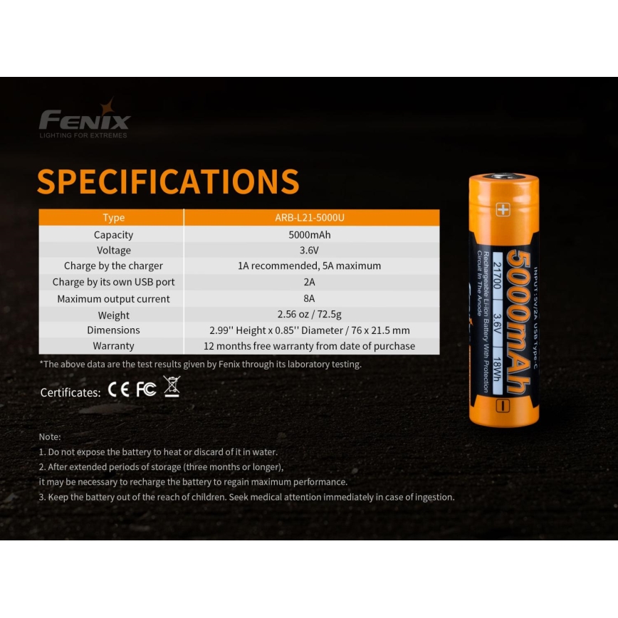 Fenix FE21700USB - 1kpl ladattava patteri USB/3,6V 5000 mAh