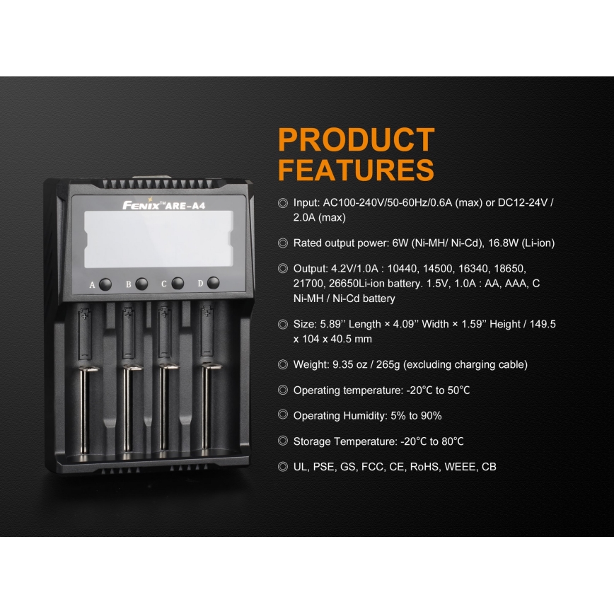 Fenix FENAREA4 - Akkulaturi 4xLi-ion/AAA/AA/C 5V