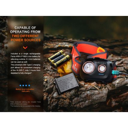 Fenix HL32RTBLCK - Ladattava LED-ajovalaisin LED/USB/3xAAA IP66 800 kiiltävä 300 h 1900 mAh musta/oranssi