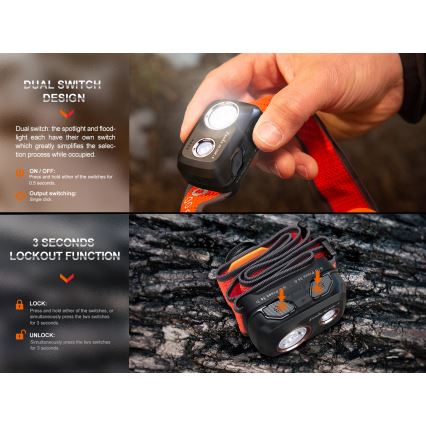 Fenix HL32RTBLCK - Ladattava LED-ajovalaisin LED/USB/3xAAA IP66 800 kiiltävä 300 h 1900 mAh musta/oranssi
