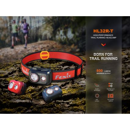 Fenix HL32RTBLCK - Ladattava LED-ajovalaisin LED/USB IP66 800 lm 300 h musta/oranssi