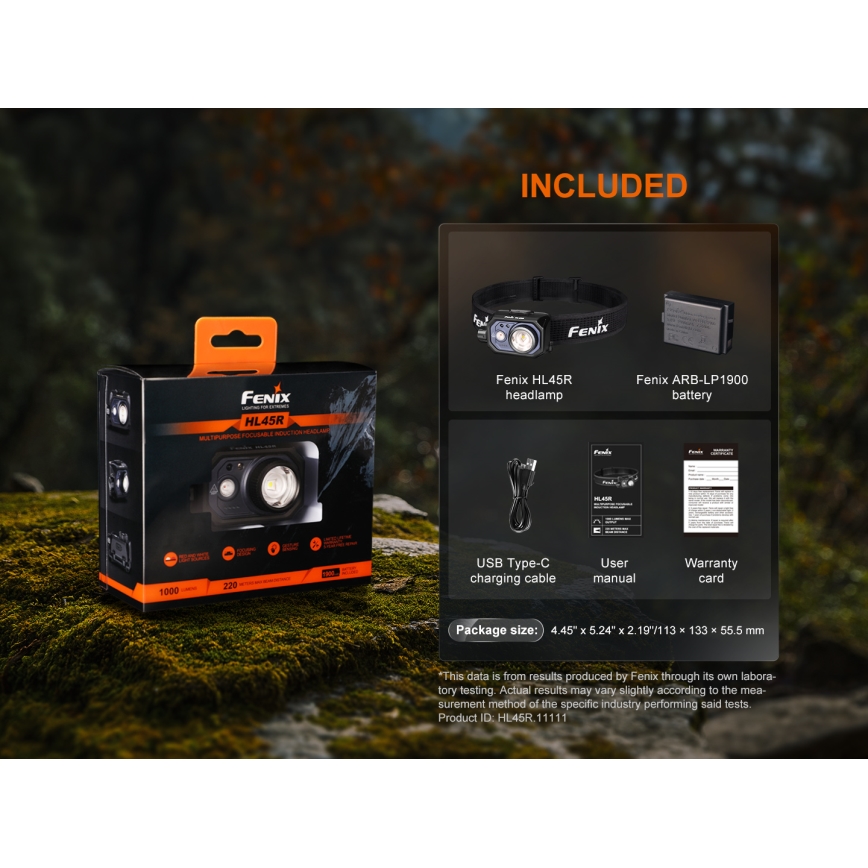 Fenix HL45R - LED Himmennettävä ladattava tarkennus otsalamppu LED/USB IP66 1000 kiiltävä 240 h musta