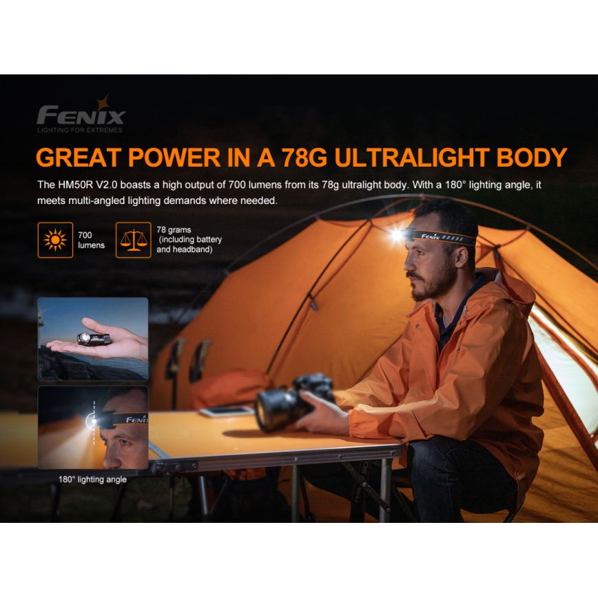 Fenix HM50RV20 - Ladattava LED-ajovalaisin 3xLED/USB/1xCR123A IP68 700 kiiltävä 120 h 700 mAh