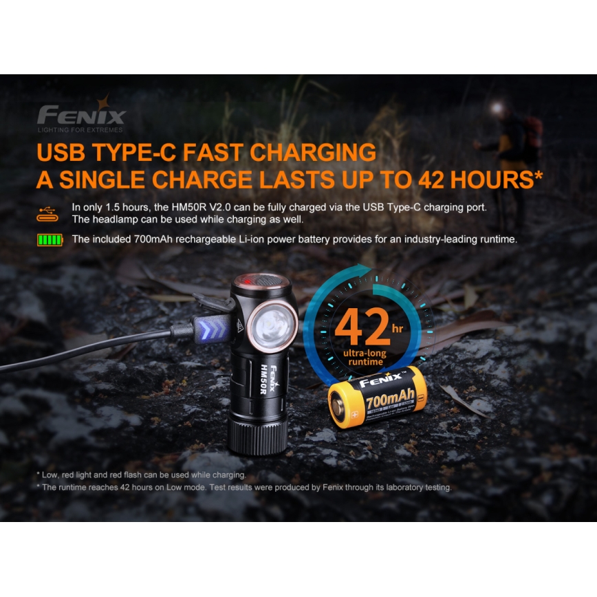 Fenix HM50RV20 - Ladattava LED-ajovalaisin 3xLED/USB/1xCR123A IP68 700 kiiltävä 120 h 700 mAh