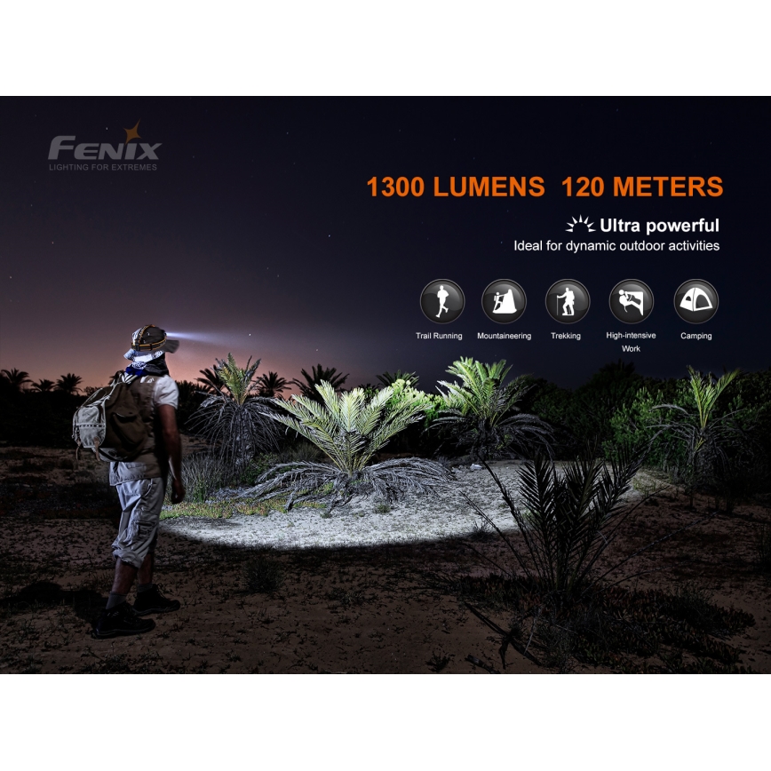 Fenix HM60R - LED Himmennettävä ladattava otsalamppu 4xLED/USB/2xCR123A IP68 1300 kiiltävä 300 h 3400 mAh