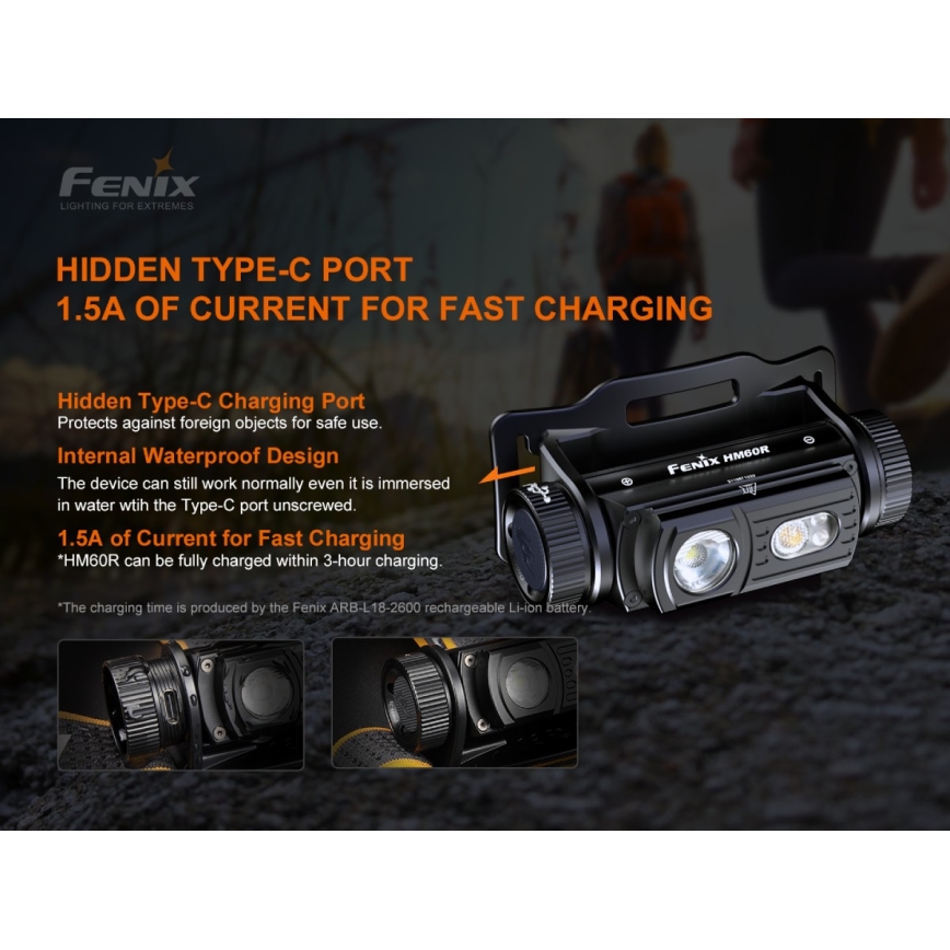 Fenix HM60R - LED Himmennettävä rechargeable headlamp 4xLED/2xCR123A IP68 1300 lm 300 h