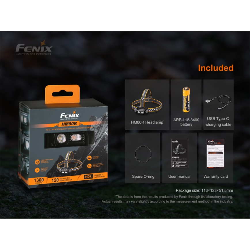 Fenix HM60R - LED Himmennettävä rechargeable headlamp 4xLED/2xCR123A IP68 1300 lm 300 h