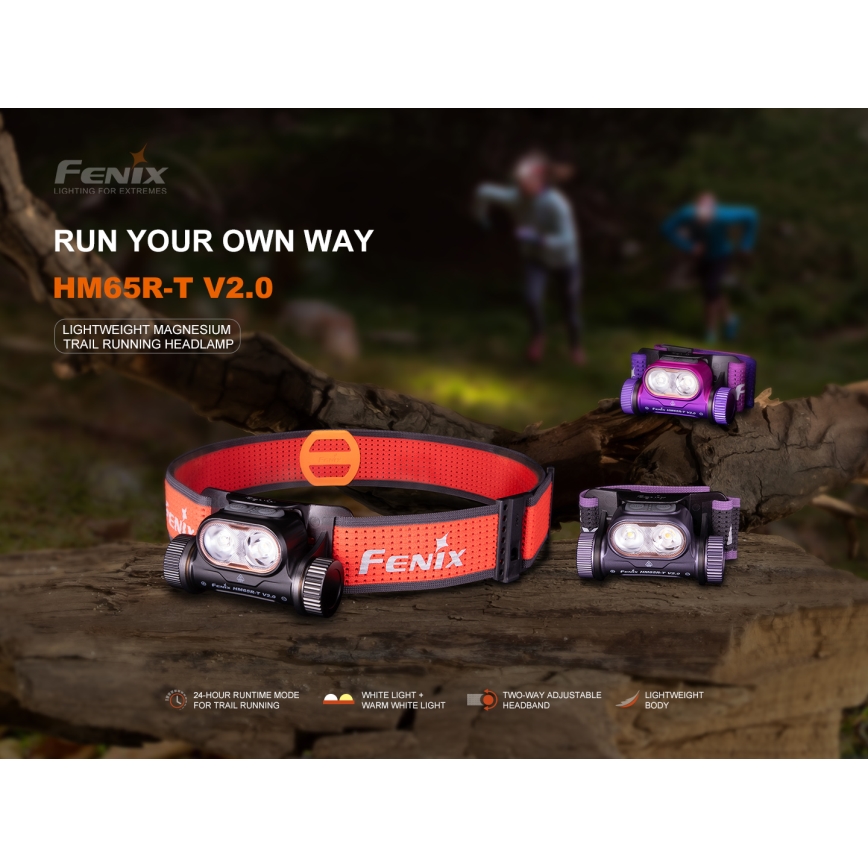 Fenix HM65RTV20PRP - LED Himmennettävä ladattava otsalamppu LED/USB IP68 1600 lm 300h musta/violetti