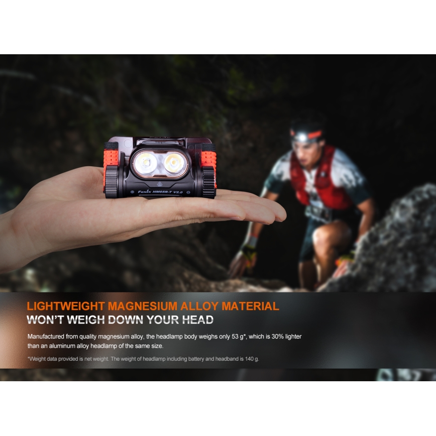 Fenix HM65RTV20PRP - LED Himmennettävä ladattava otsalamppu LED/USB IP68 1600 lm 300h musta/violetti