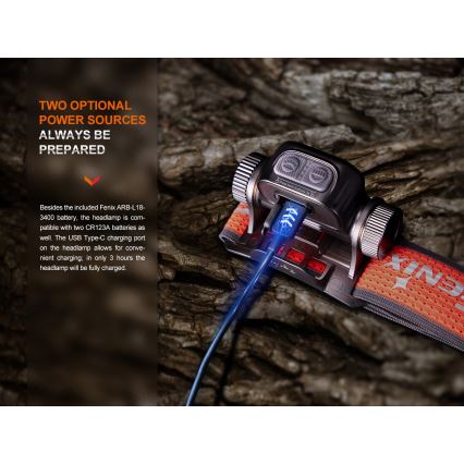 Fenix HM65RTV20PRP - LED Himmennettävä ladattava otsalamppu LED/USB IP68 1600 lm 300h musta/violetti