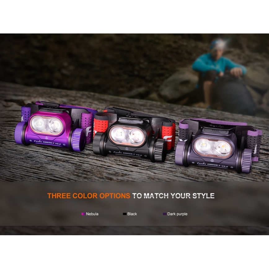 Fenix HM65RTV20PRP - LED Himmennettävä ladattava otsalamppu LED/USB IP68 1600 lm 300h musta/violetti