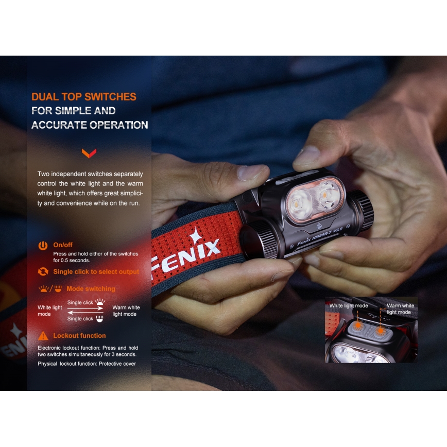 Fenix HM65RTV20PRP - LED Himmennettävä ladattava otsalamppu LED/USB IP68 1600 lm 300h musta/violetti