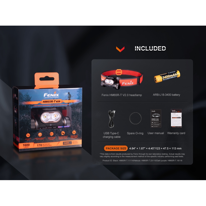 Fenix HM65RTV20PRP - LED Himmennettävä ladattava otsalamppu LED/USB IP68 1600 lm 300h musta/violetti