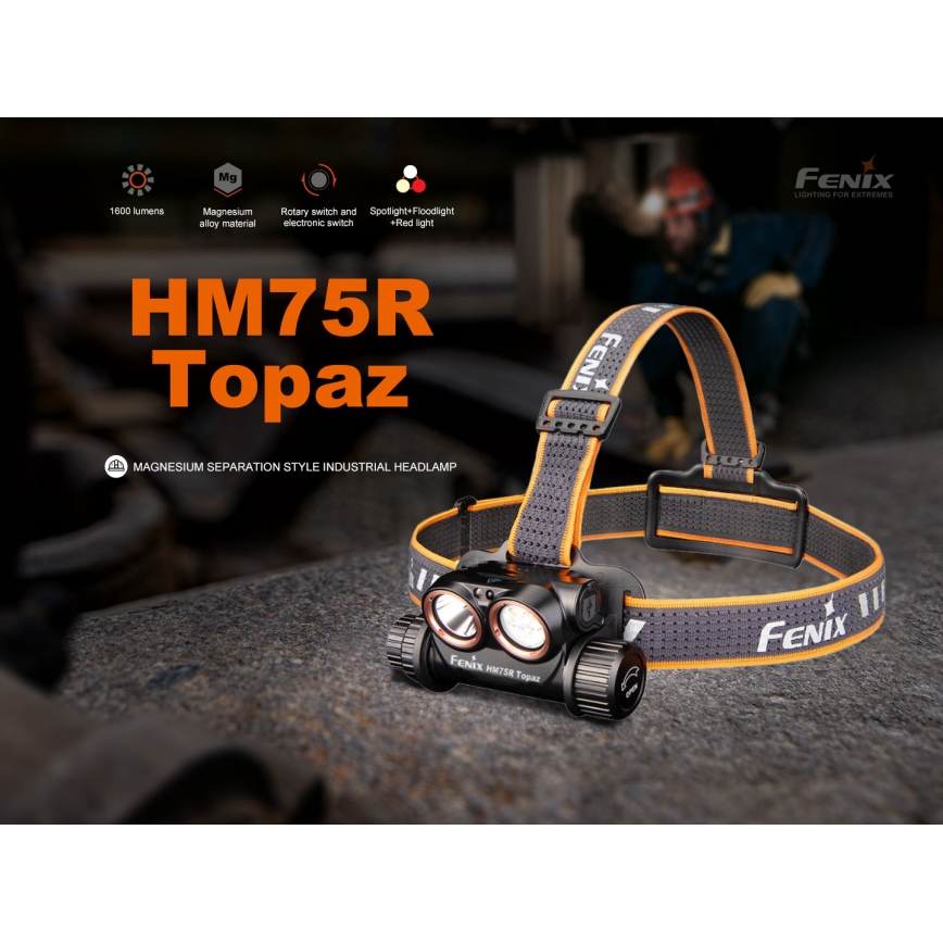 Fenix HM75RTOPAZ - LED Himmennettävä ladattava otsalamppu LED/USB IP68 1600 kiiltävä 210 h 4000 mAh