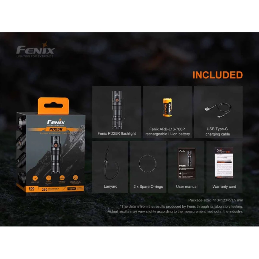 Fenix PD25R - Ladattava LED-taskulamppu LED/USB/1xCR123A IP68 800 lm 70 h 700 mAh