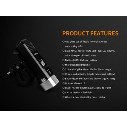 Fenix ​​BC25R - LED Ladattava polkupyörän valo LED/USB IP66 600 lm 36 tuntia