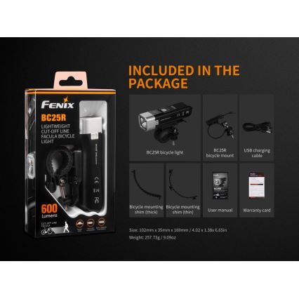 Fenix ​​BC25R - LED Ladattava polkupyörän valo LED/USB IP66 600 lm 36 tuntia
