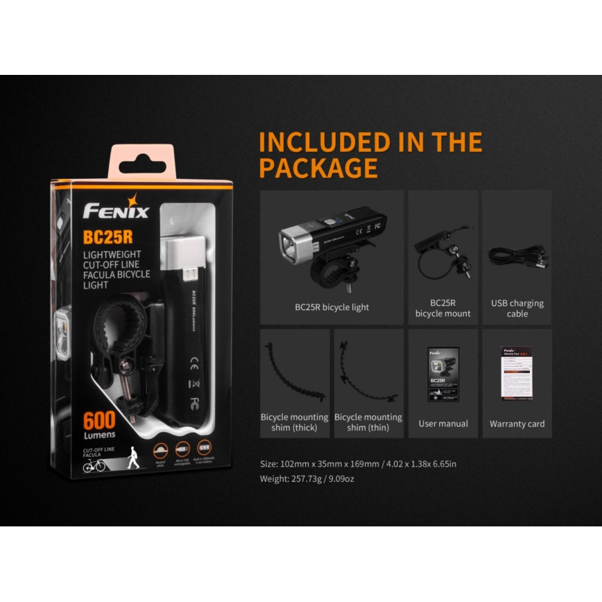 Fenix ​​BC25R - LED Ladattava polkupyörän valo LED/USB IP66 600 lm 36 tuntia