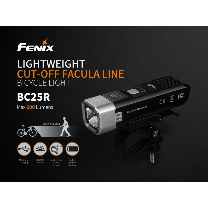 Fenix ​​BC25R - LED Ladattava polkupyörän valo LED/USB IP66 600 lm 36 tuntia