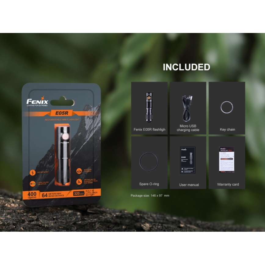 Fenix ​​E05RBLC - LED Ladattava taskulamppu LED/USB IP68 400 lm 30 tuntia