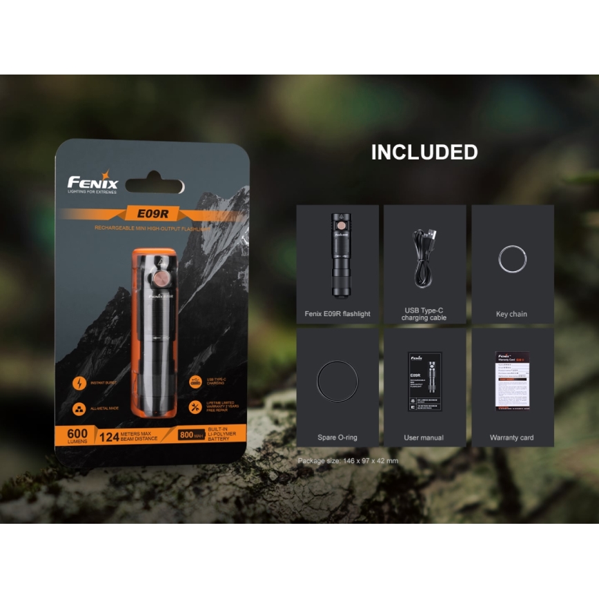 Fenix ​​E09R - LED Ladattava taskulamppu LED/USB IP68 600 lm 70 tuntia