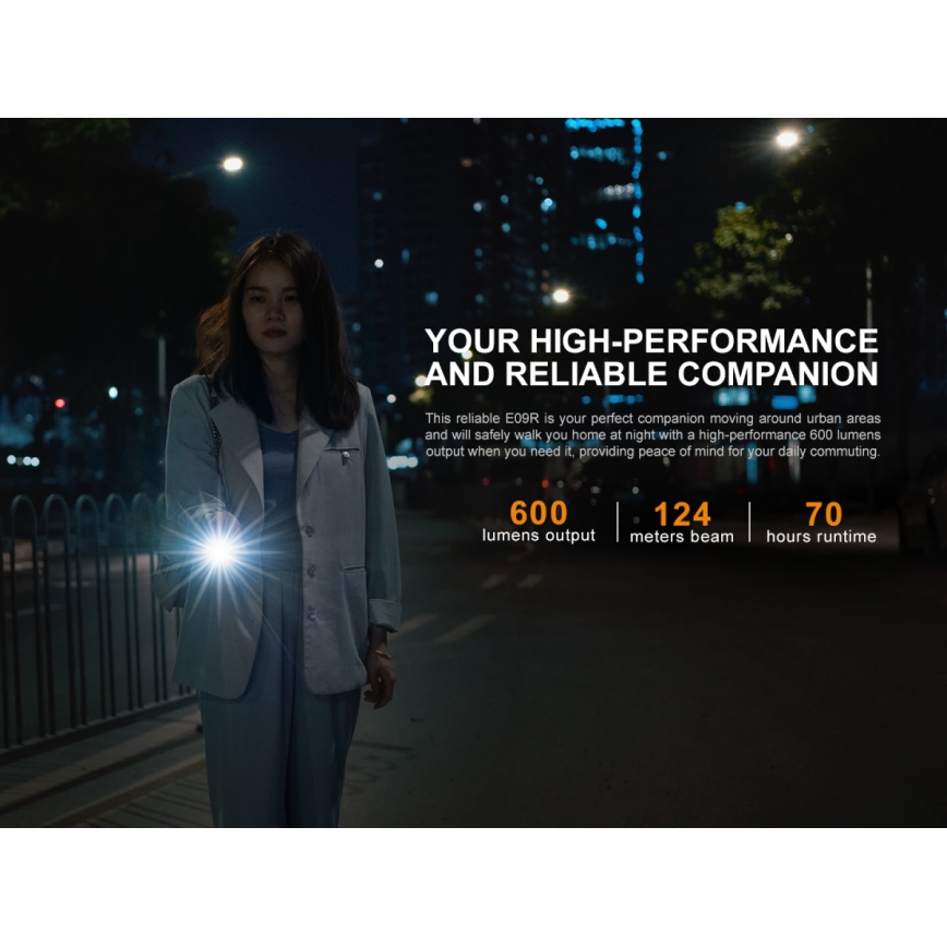 Fenix ​​E09R - LED Ladattava taskulamppu LED/USB IP68 600 lm 70 tuntia